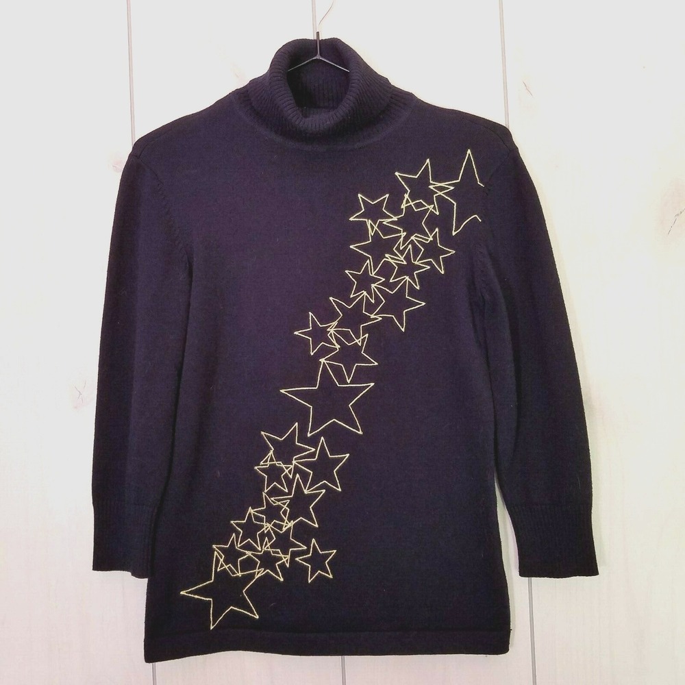 Casual Corner Womens Sweater XS Navy Blue Gold Stars Witchcore‎ Whimsigoth